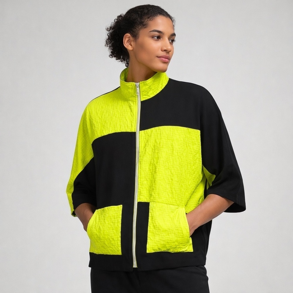 Joseph Ribkoff Colorblock Zip Front Jacket Neon Green Black Textured Women’s M